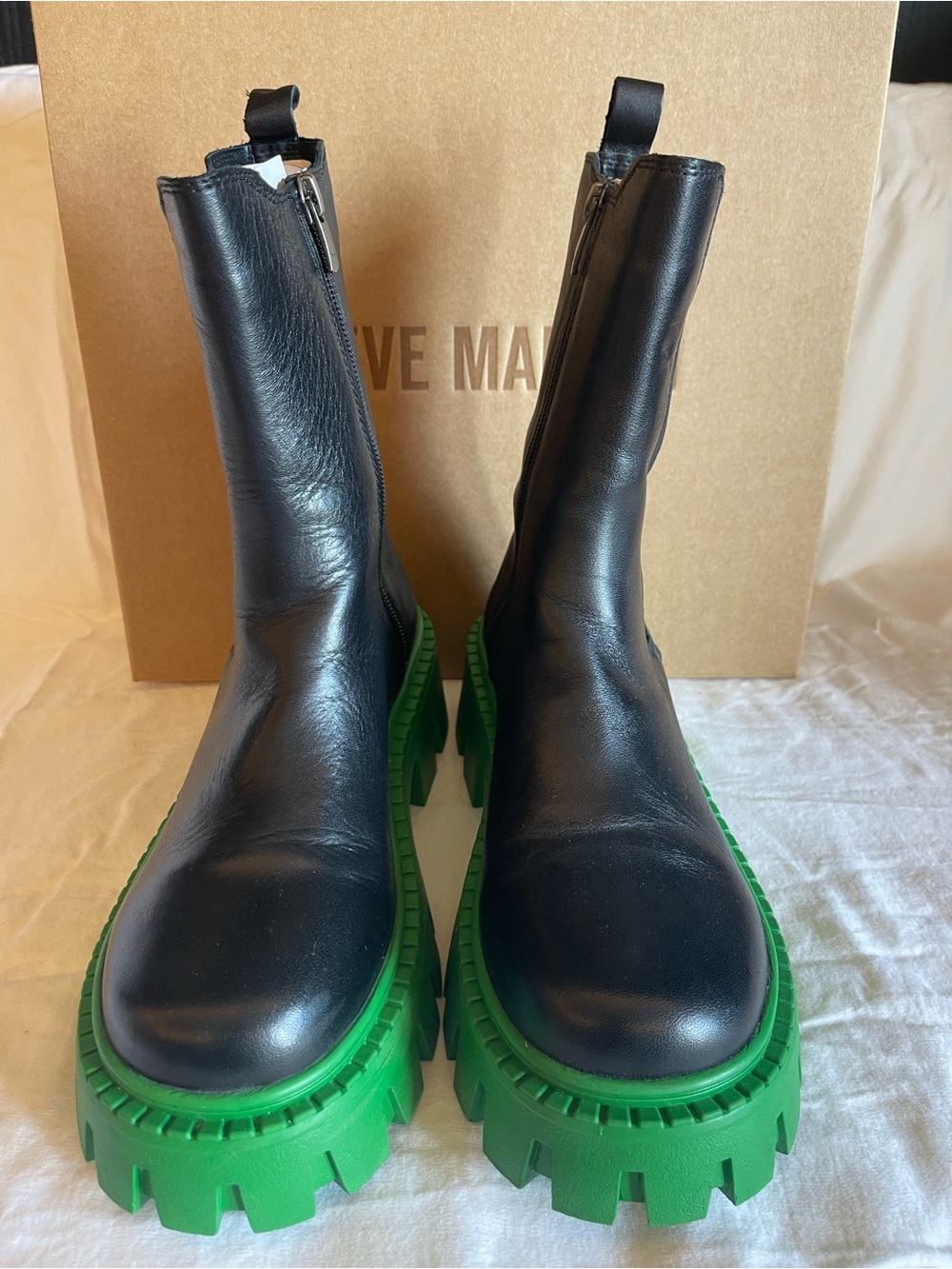 Steve Madden Black Leather Ankle Boots with Green Lug Sole